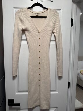 Ribbed Button-Front Cream Knit Midi Dress
